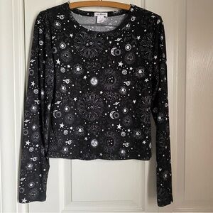 Black Celestial Cropped Stretchy Lightweight Long Sleeve Tee L Gothic Witchy